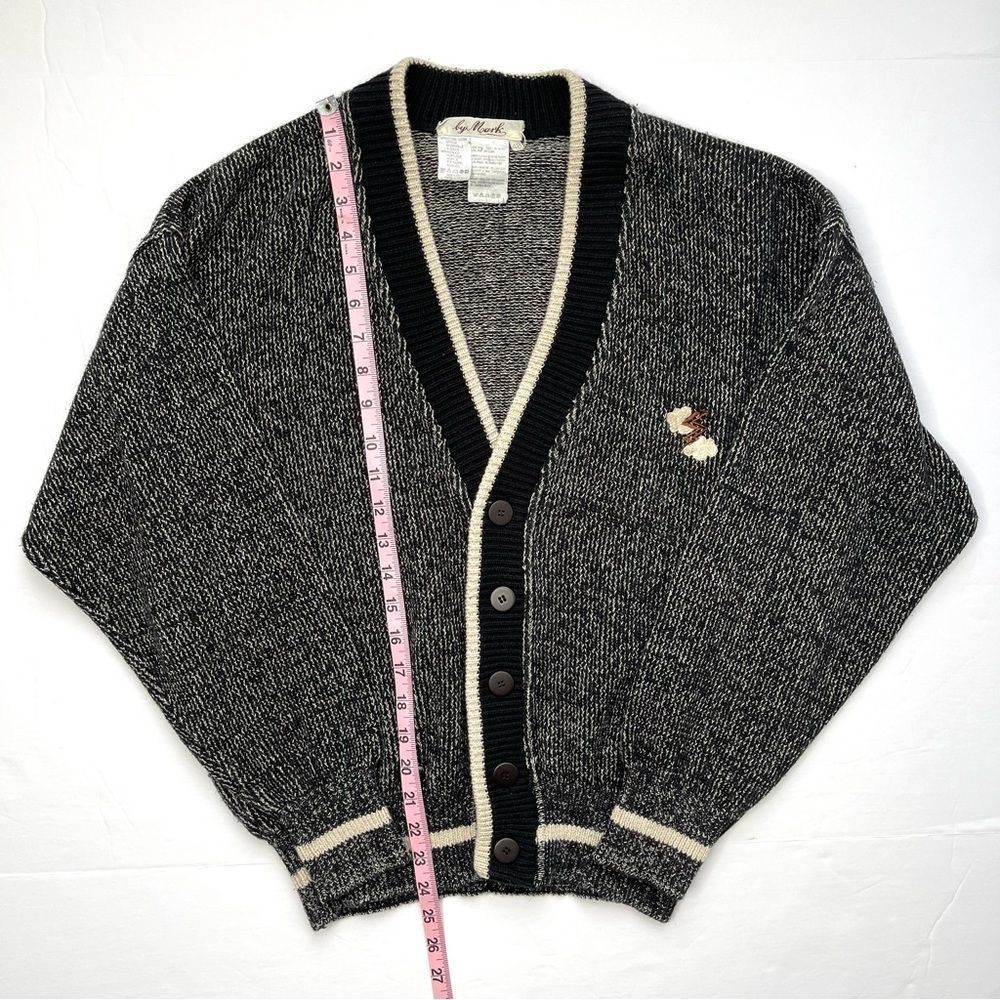 Vintage Sweater Lightning Bolt Patch Black Tan Grandpa Cardigan Size Small - Picture 3 of 12